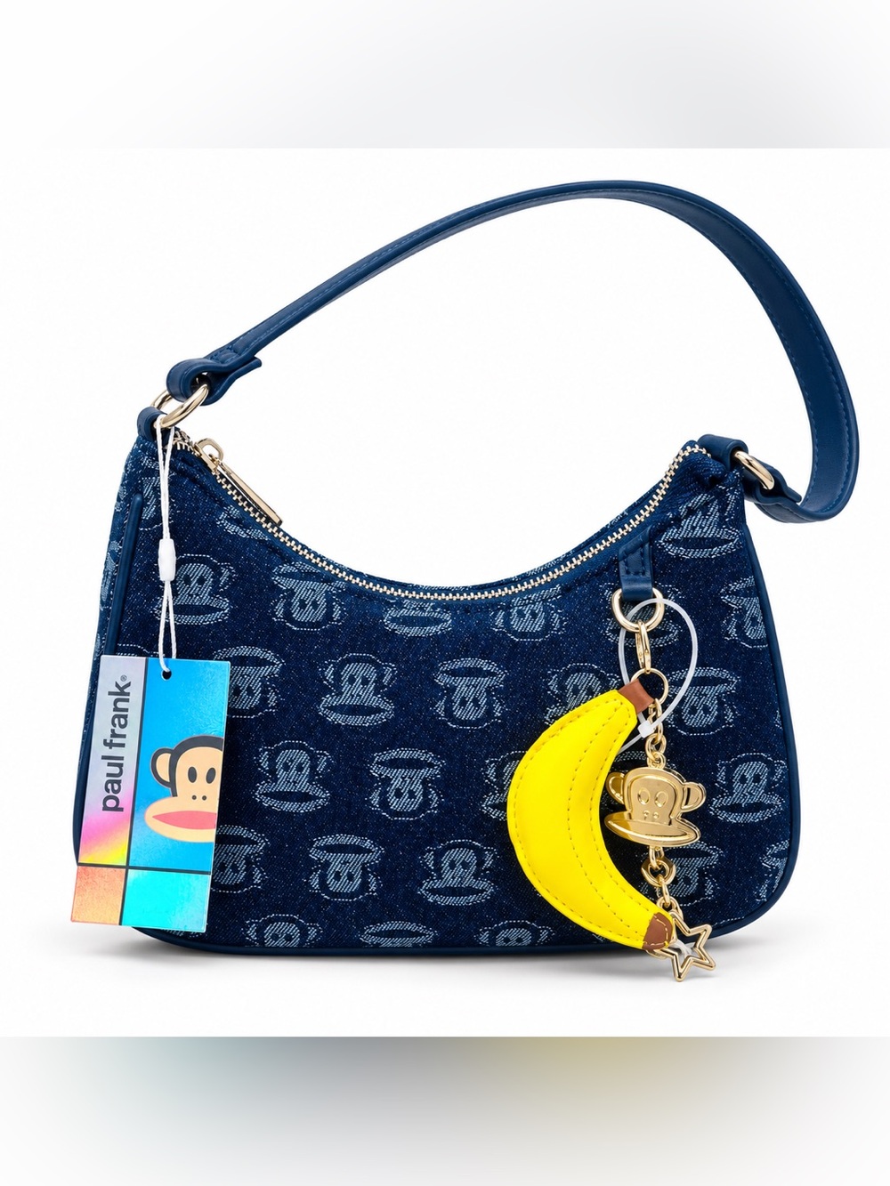Paul Frank Julius Monkey Denim Shoulder Bag Dark Wash NWT Banana Charm